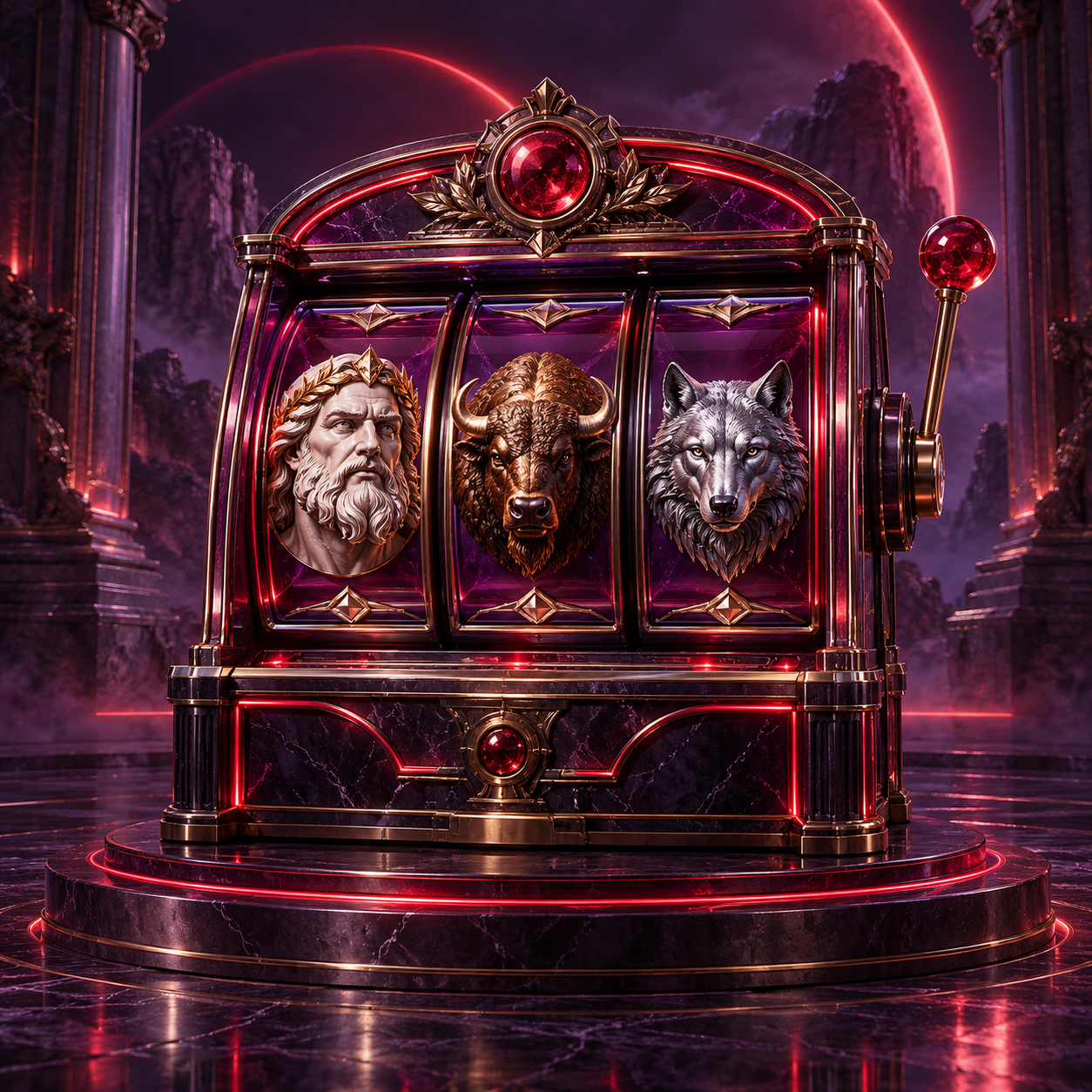 Violett-roter Spielautomat mit Zeus-, Büffel- und Wolfsmotiven